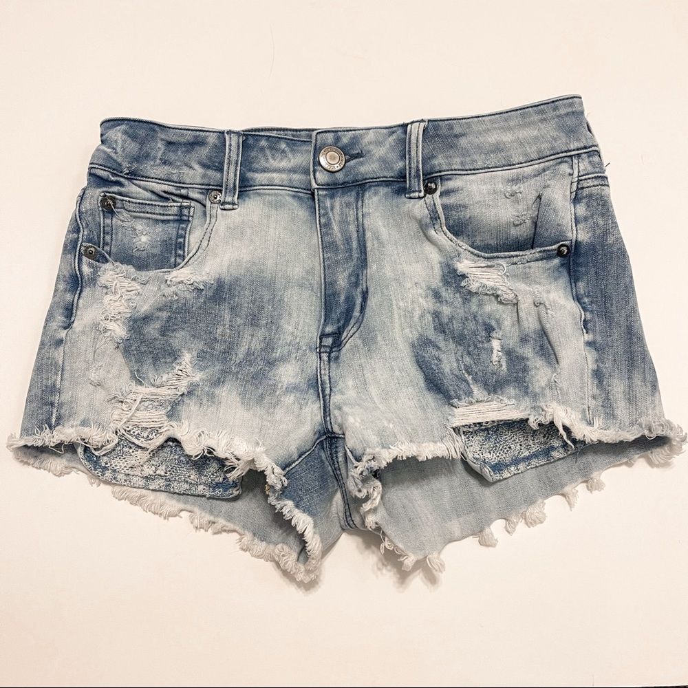 American‎ Eagle Hi-Rise Shortie Distressed Frayed Denim Shorts Size 4